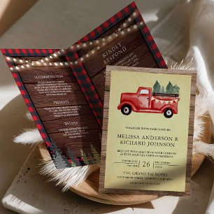 Vintage Red Christmas Truck Wood QR Code Wedding Invitation
