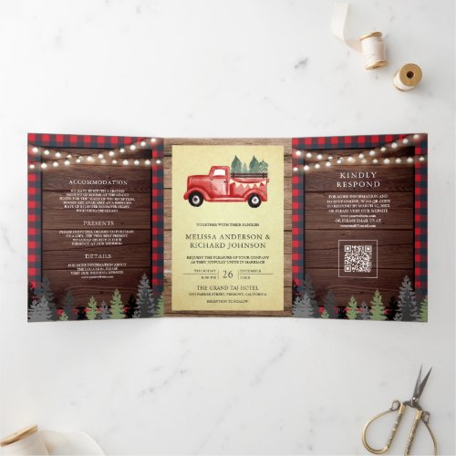Vintage Red Christmas Truck Wood QR Code Wedding Tri-Fold Invitation