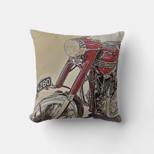 Vintage Red  Chrome Motorcycle Throw Pillow