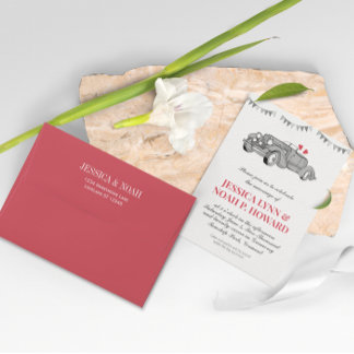 Vintage Red Classic 50s Convertible Retro Car In Invitation