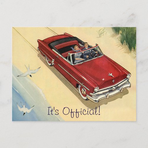 Vintage Red Convertible Car on Beach Save the Date Announcement Postcard
