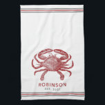 Vintage red crab personalized name template kitchen towel<br><div class="desc">Vintage illustration of a red crab on a large personalized kitchen towel,  perfect for beach and bay lovers alike.</div>