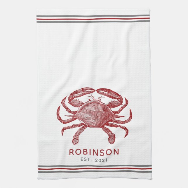 Vintage red crab personalized name template kitchen towel (Vertical)