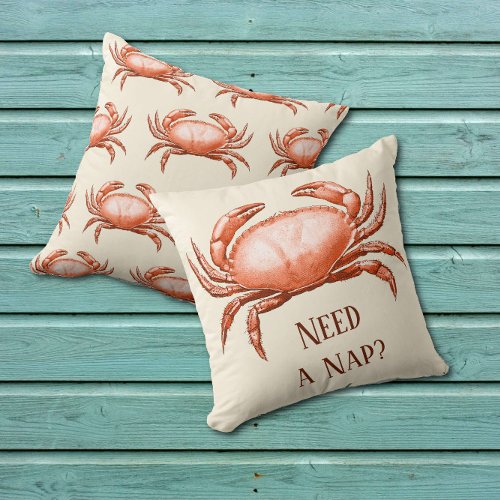 Vintage Red Crab Reversible Crabby Need a Nap  Throw Pillow