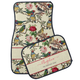 Vintage Red Cream Chinoiserie Birds Floral Car Floor Mat
