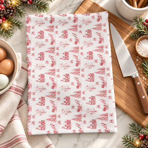 Vintage Red Cream Christmas Toile Horse Sleigh Kitchen Towel