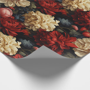 Vintage Red & Cream Peonies Flowers & Greenery Wrapping Paper