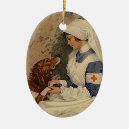 Vintage Red Cross Nurse with Golden Retriever Ceramic Ornament