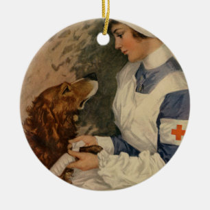 Vintage Red Cross Nurse with Golden Retriever Pet Ceramic Ornament