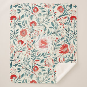 Vintage Red Daisy Floral Pattern - Botanical Sherpa Blanket