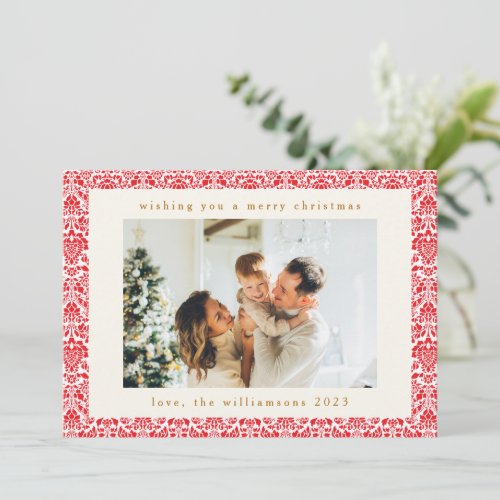 Vintage Red Damask Festive Two Photo Christmas Holiday Card