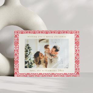 Vintage Red Damask Festive Two Photo Christmas Holiday Card