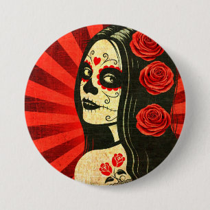 Vintage Red Day of the Dead Girl Button