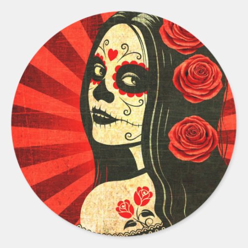 Vintage Red Day of the Dead Girl Classic Round Sticker