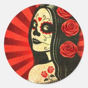 Vintage Red Day of the Dead Girl Classic Round Sticker