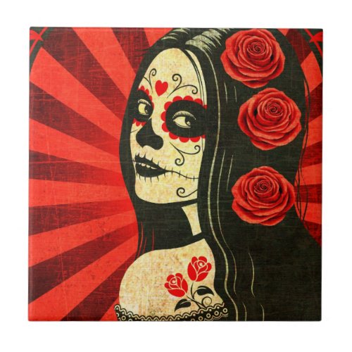 Vintage Red Day of the Dead Girl Tile