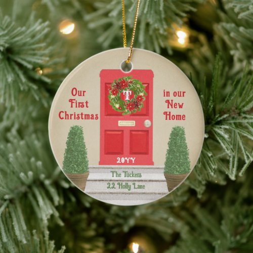 Vintage Red Door First Christmas in New Home Kraft Ceramic Ornament