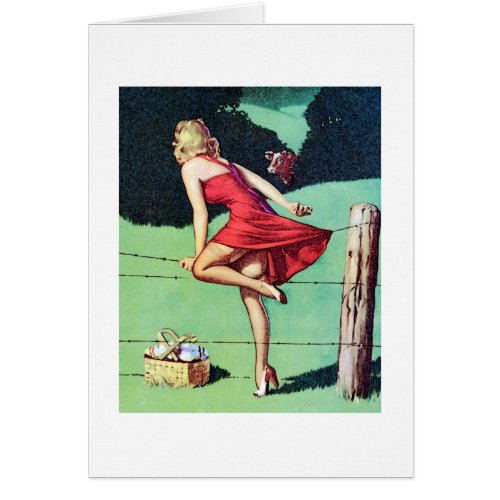 VIntage Red Dress and Fence Pin Up Girl Note