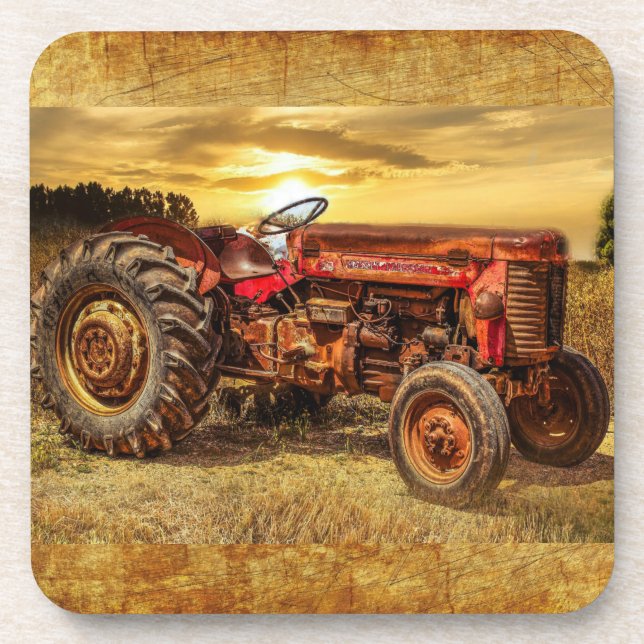 Vintage Red Farm Tractor Beverage Coaster (Front)
