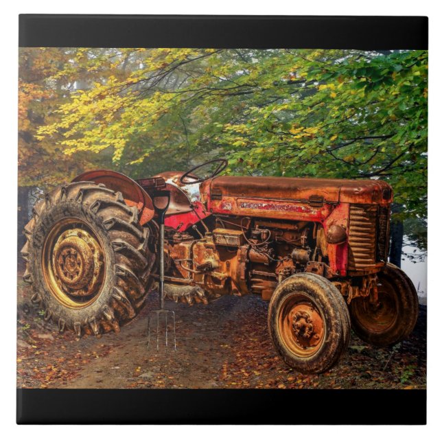 Vintage Red Farm Tractor Ceramic Tile (Front)