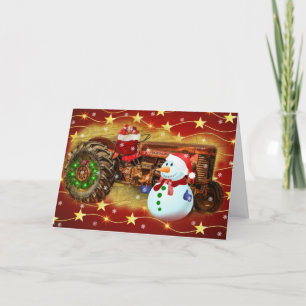 Vintage Red Farm Tractor Christmas Holiday Card