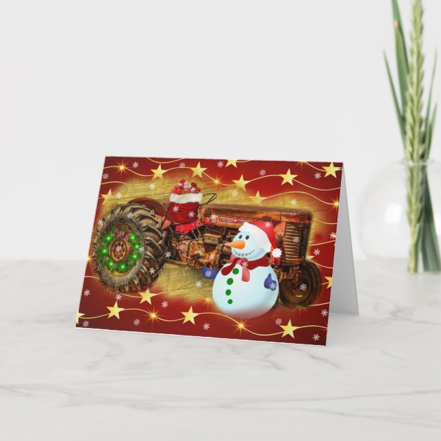 Vintage Red Farm Tractor Christmas Holiday Card (Front)
