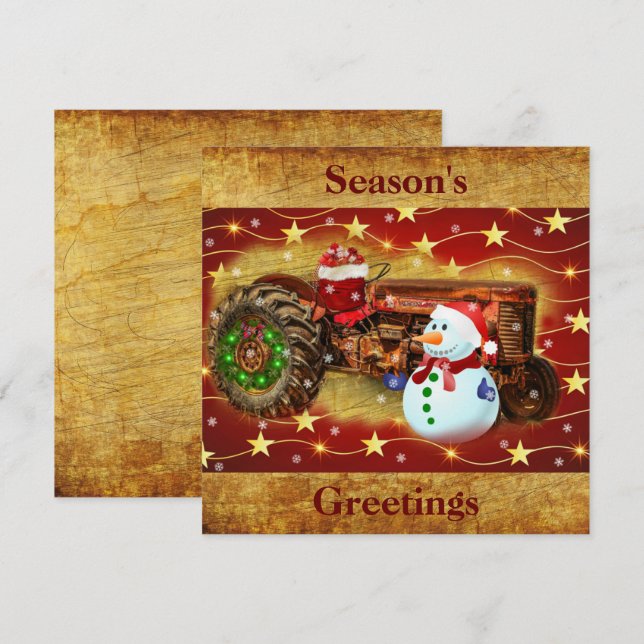 Vintage Red Farm Tractor Christmas Holiday Card (Front/Back)