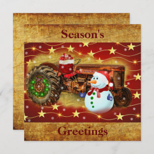 Vintage Red Farm Tractor Christmas Holiday Card