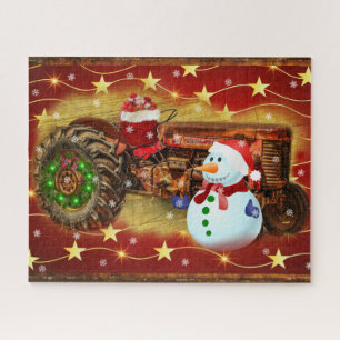 Vintage Red Farm Tractor Christmas Jigsaw Puzzle