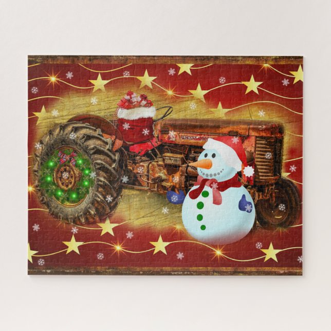 Vintage Red Farm Tractor Christmas Jigsaw Puzzle (Horizontal)