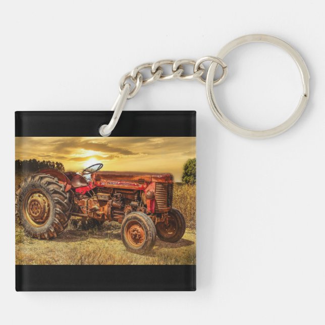 Vintage Red Farm Tractor Keychain (Back)