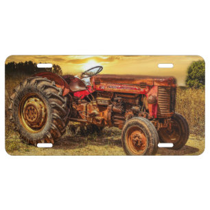 Vintage Red Farm Tractor License Plate