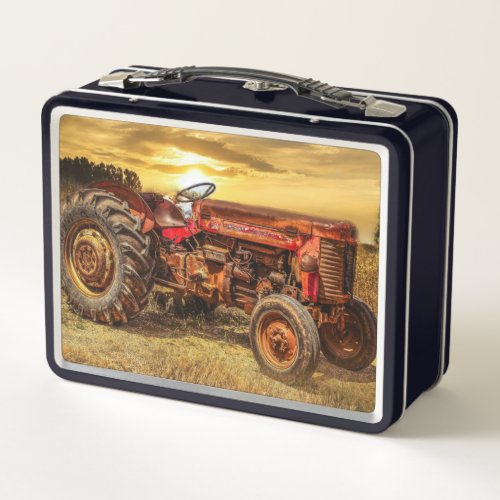 Vintage Red Farm Tractor Metal Lunch Box