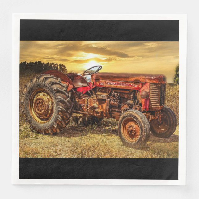 Vintage Red Farm Tractor Paper Dinner Napkins (Front)