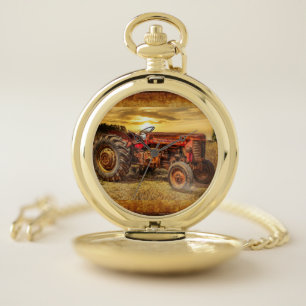 Vintage Red Farm Tractor Pocket Watch