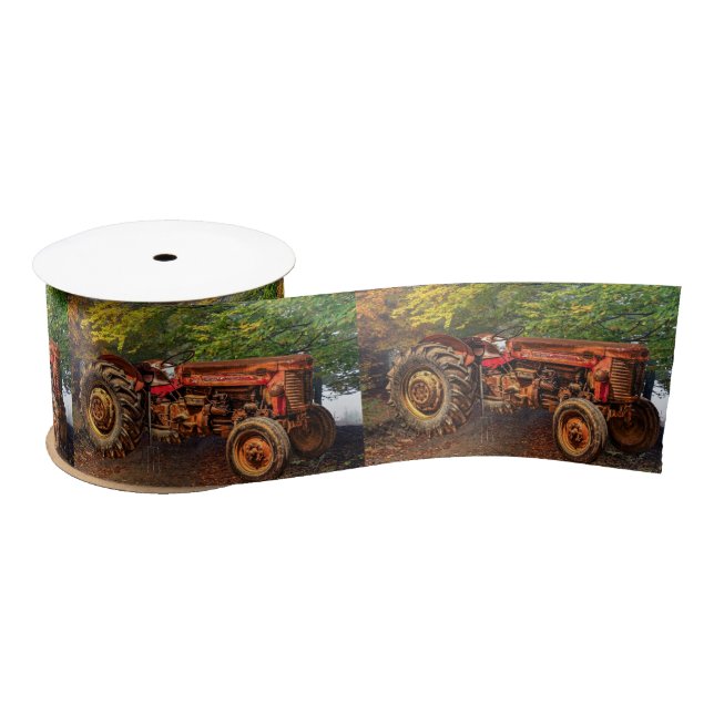 Vintage Red Farm Tractor Satin Ribbon (Spool)