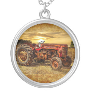 Vintage Red Farm Tractor Silver Plated Necklace