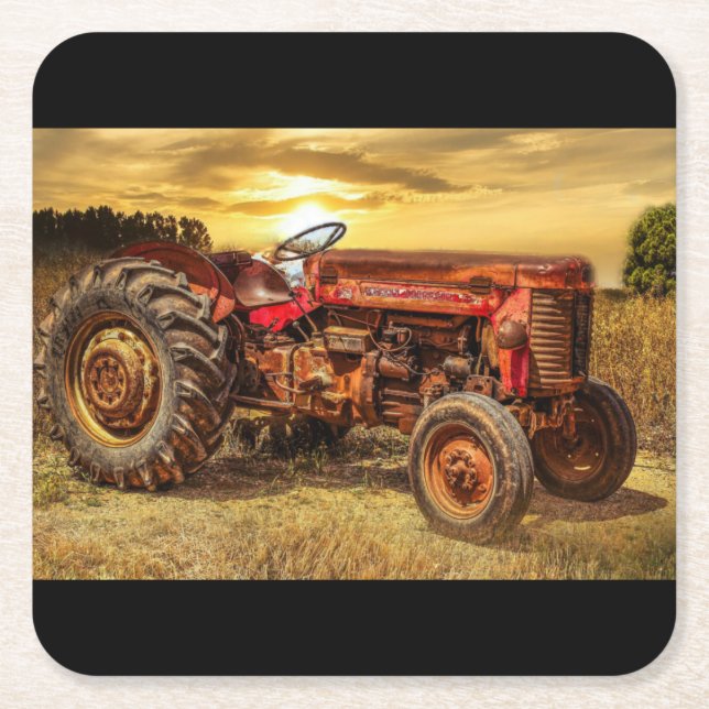 Vintage Red Farm Tractor Square Paper Coaster (Front)