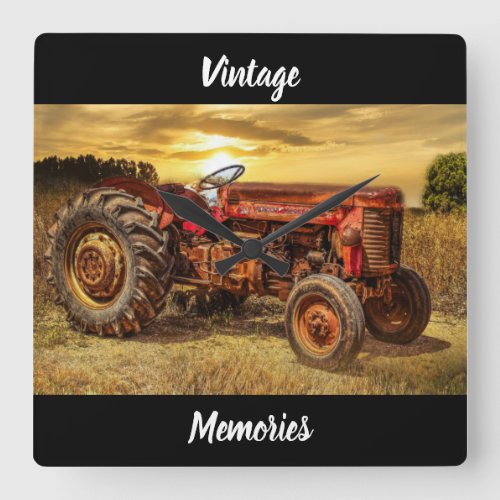 Vintage Red Farm Tractor Square Wall Clock