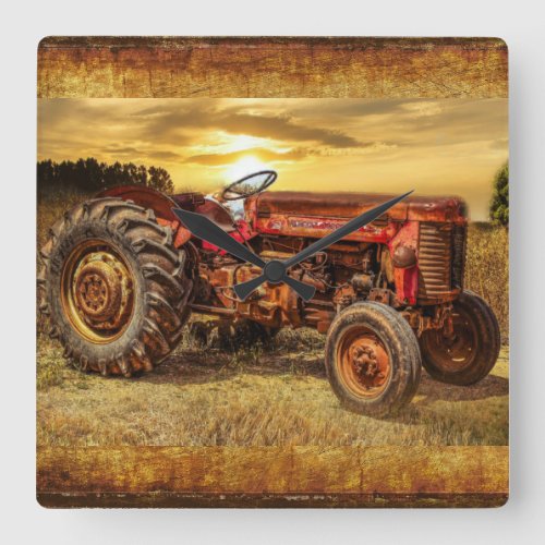 Vintage Red Farm Tractor Square Wall Clock