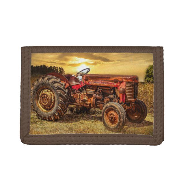 Vintage Red Farm Tractor Trifold Wallet (Front)