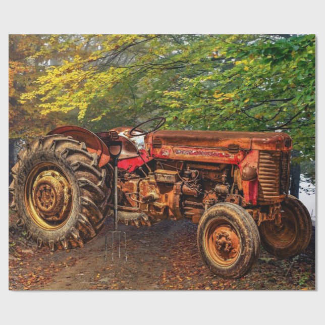 Vintage Red Farm Tractor Wrapping Paper (Flat)