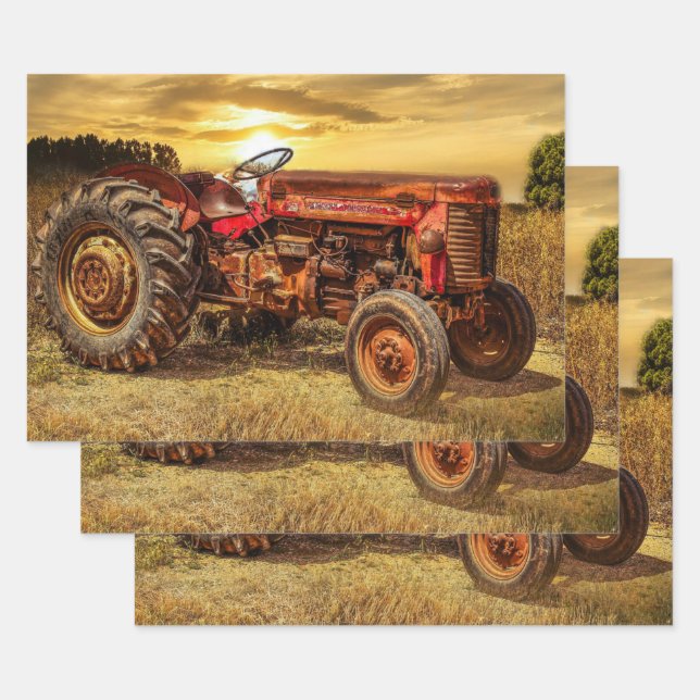 Vintage Red Farm Tractor Wrapping Paper Sheets (Set)