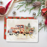 Vintage Red Farm Truck Christmas Tree Foil Holiday Card<br><div class="desc">This cute & festive "Merry Christmas" Christmas holiday card features a vintage red farm truck with Christmas trees and holiday decorations in watercolor. The reverse side features a red background with tree patterns. Personalize it for your needs. You can find matching products at my store.</div>