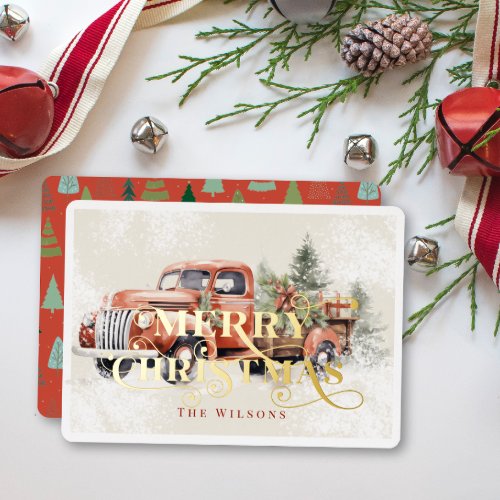 Vintage Red Farm Truck Christmas Tree Foil Holiday Card