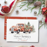 Vintage Red Farm Truck Christmas Tree Holiday Card<br><div class="desc">This cute & festive "Merry Christmas and happy new year" Christmas holiday card features a vintage red farm truck with Christmas trees and holiday decorations in watercolor. The reverse side features a red background with winter village patterns. Personalize it for your needs. You can find matching products at my store....</div>