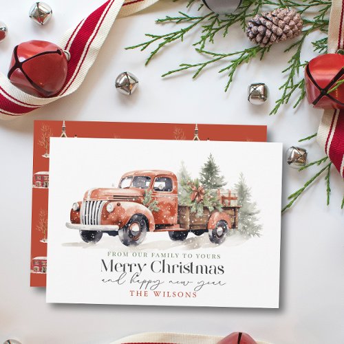 Vintage Red Farm Truck Christmas Tree Holiday Card