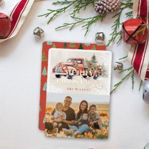 Vintage Red Farm Truck Christmas Tree Photo Foil Holiday Card