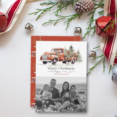 Vintage Red Farm Truck Christmas Tree Photo Holiday Card