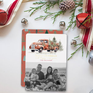 Vintage Red Farm Truck Christmas Tree Photo White Foil Holiday Card